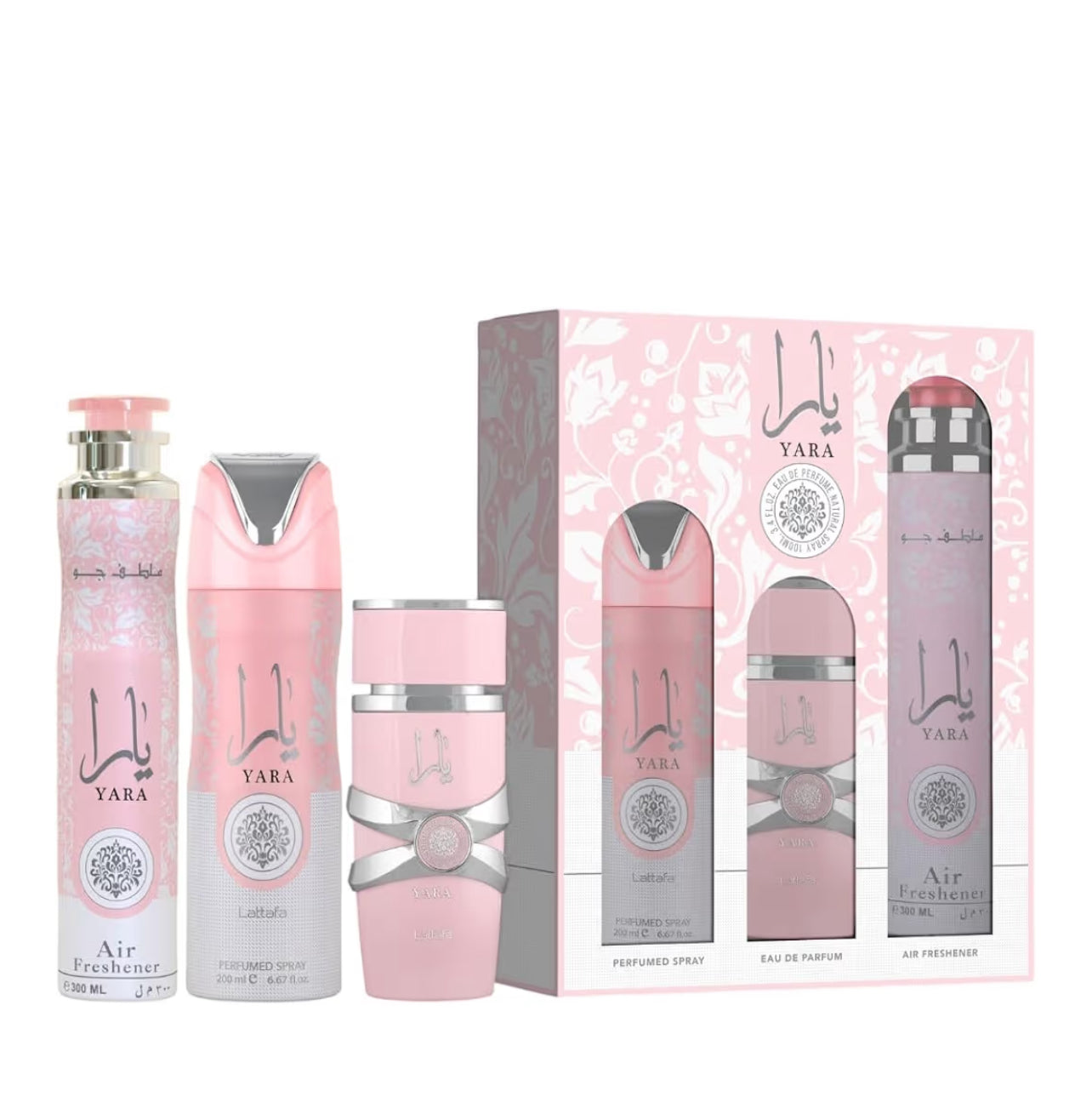 Lattafa Yara For Women 3 Piece Gift Set (3.4 Fl Oz EDP + 6.67 Fl Oz Deo + 10.14 Fl Oz Air Freshener)