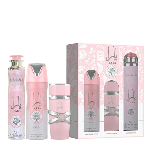 Lattafa Yara For Women 3 Piece Gift Set (3.4 Fl Oz EDP + 6.67 Fl Oz Deo + 10.14 Fl Oz Air Freshener)